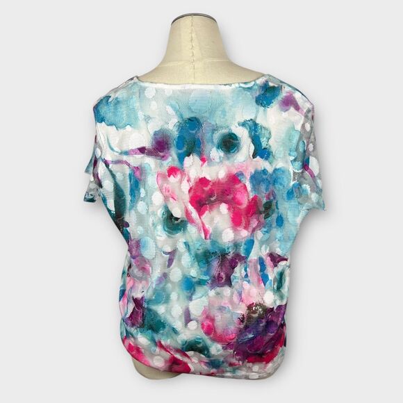 Laura Ashley 2X White Bold Colorful Pastel Floral Mesh Short Sleeve Top Boho - Picture 2 of 11